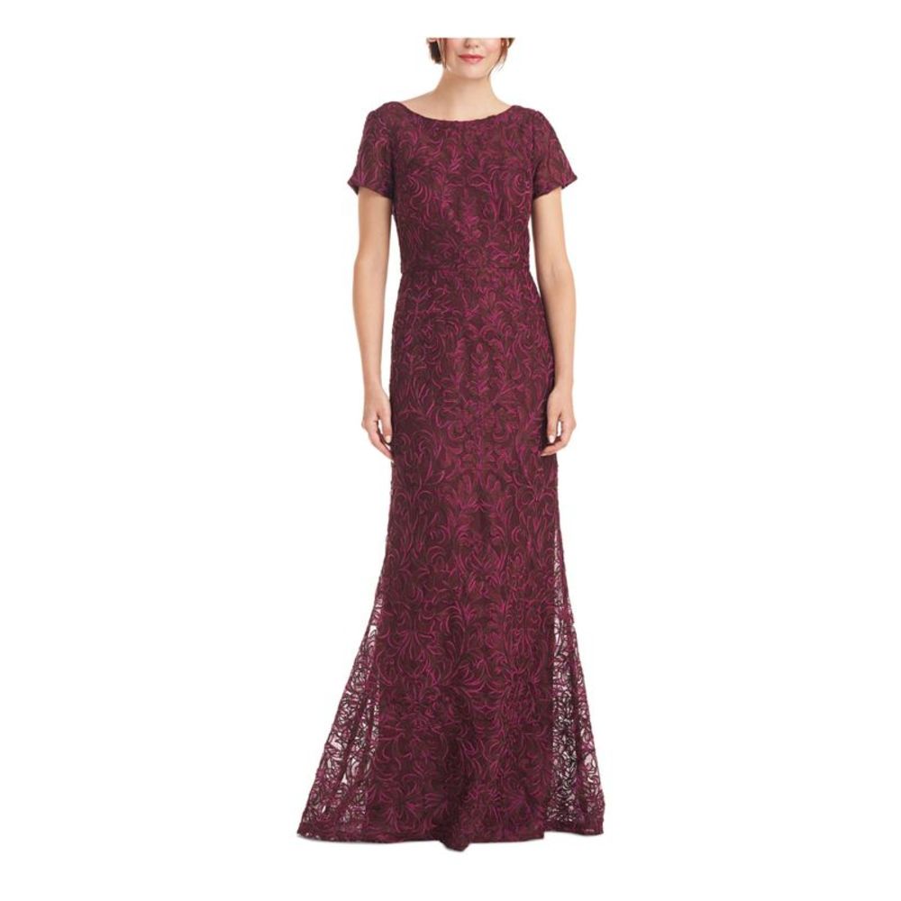 JS COLLECTION Womens Burgundy Short Sleeve Full-Length Formal Gown Dress 14